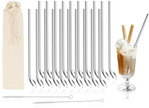 com-four® 20x Trinkhalmlöffel mit Reinigungsbürste - Strohhalmlöffel aus Edelstahl - Trinkhalm mit Rührlöffel - Wiederverwendbar (Edelstahl Barlöffel - 20 Stück)