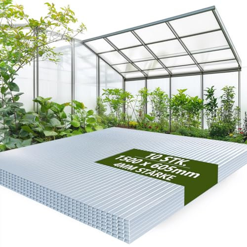 Sorlpv Lot de 10 plaques alvéolaires en polycarbonate - 1500 x 605 mm - 9,07 m² - Découpables - Double plaque alvéolaire de 4 mm - Résistantes aux UV et aux chocs - Pour serre, jardinage, abris de