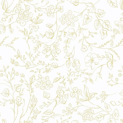Timeet Papier Peint Autocollant Fleurs Blanches et Dorées Film Adhésif pour Meubles Botanique Texture Imperméable Film Vinyle pour Meubles Cuisine 44CM×3M