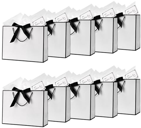 Large Gift Bags for Presents | 10 Pcs White Black Gift Bags with Bows Cards Wrapping Paper Suitable Birthday Wedding Baby Shower Party Anniversary Christmas