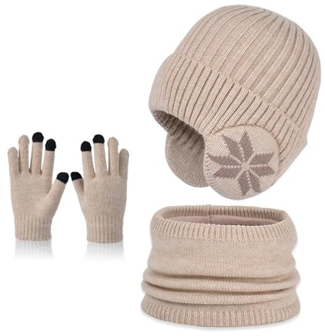 MAZELIKEHOOD Hatt halsduk babyhandskar 3-delat set vinter pojkar varm huva med öronmuffar halsduk och snöhandskar julklapp för barn 4–10 år, Beige, one size