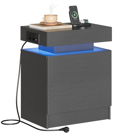 IRONCK Nachttisch Grau mit LED-Licht & Ladefunktion, Beistelltisch mit USB & USB-C Anschlüssen, Nachtschrank mit 2 Schubladen, Sofatisch für Schlafzimmer, Wohnzimmer, 35 x 48 x 60 cm
