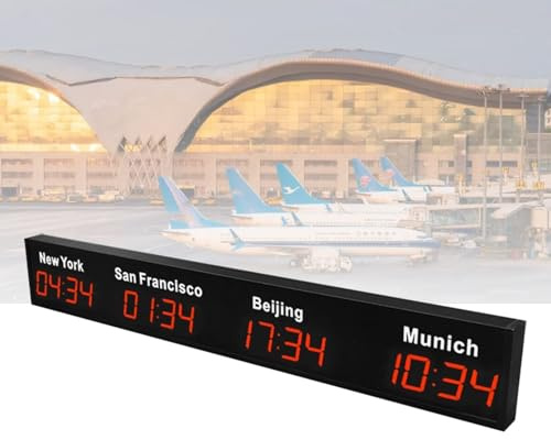 Hydravex Orologio con fusi orari mondiali, Orologio Digitale a LED con più fusi orari, Grande Orologio da Parete con Fuso orario Mondiale per 3/4/5 Città, per Hotel/aziende/aeroporti Red-4City