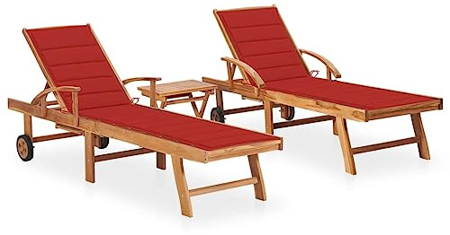Transat Jardin Extérieur, 2 Pièces en Bois de Teck Massif avec Table et Coussin, Dossier Réglable 3 Positions, Repose-Pieds Adjustable, pour Jardin, Terrasse, Balcon, Couleur Rouge, 195 x 59.5 cm