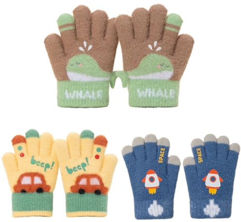 OIXEYA Lot de 3 paires de gants d'hiver pour enfants, gants colorés en sable cristal, gants thermiques doux, mitaines pour enfants, mitaines de dessin animé pour bébés, pour les enfants de 3 à 5 ans