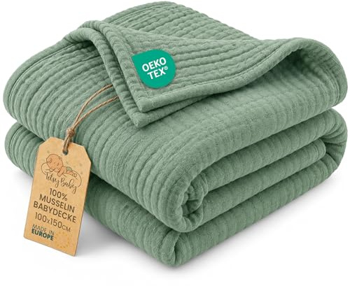 Musselin Decke Babydecke Baumwolle 100 x 150 cm - Musselindecke Kuscheldecke Baby Musselintücher Kinderdecke dünne Babydecken Pucktuch Muslin Blanket für Kinder Oeko-Tex Salbeifarbe