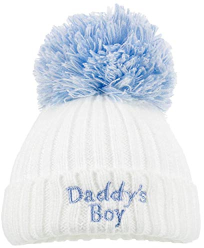 Aelstores Berretto con Pompon per Bambini e Bambine, Lavorato a Maglia, per l’Inverno, per Bambini e Bambine, 12 Mesi Blue Daddy's Boy (H498) neonato-12 Mesi