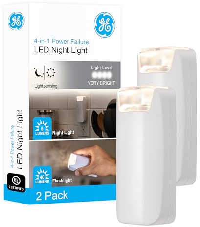 GE 4-in-1 Power Outage Plug in Night Light LED Flashlight for Dorm Room, Apartment Essentials, Battery Operated Lights Emergency Supplies, Dusk to Dawn Sensor Nightlight, 2 Pack, White 49578
