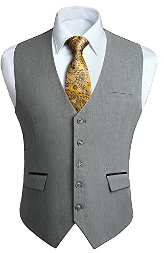 HISDERN Chaleco Traje Gris Hombre Boda Chalecos de Vestir Original Chaleco Elegante de Fiesta Negocio con Bolsillos L