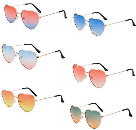 Fengguock 6 PCS Colors Heart Sunglasses, Rave Glasses, Retro Hippy Sunglasses, Funky Glasses, Colored Lens Hippie Glases for Women Men Girl Boy, 60's 70's Style, for Mardi Gras Summer Party Beach