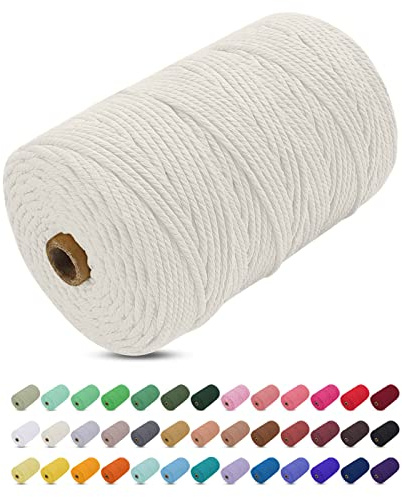 Corde Macramé 3mm x 200m, Uiopa Fil Macramé 3mm Corde Coton Naturelle 4 Brins, Coloré Ficelle Cordon Coton pour Tressée DIY, Tentures Murales, Porte Plante, Rideau, Decoration Boheme (Naturel)