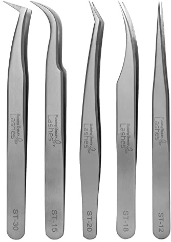 Eyelash Extension Tweezers - 5 PCS of Lash DIY Precision Set, Curved Volume Lash Tweezers - Cluster Application and Removal of Eye Lashes Extensions Stainless Steel