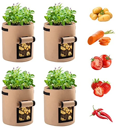 Ohiyoo Lot de 4 sacs de plantation pour pommes de terre, 10 gallons, 38 l, sacs de plantation avec rabat visible, sac de plantation de pommes de terre, pour légumes, pommes de terre, tomates (marron)