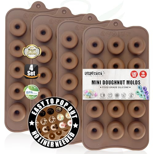 RUGVOMWM Donut Silicone Chocolate Molds, Mini Donut Pan Mold Gummy Candy Mold for Caramels Chocolate Ice Cube Jelly Truffles Pralines Ganache - 4 Pack