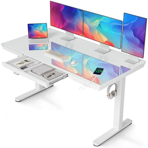 Claiks Glas Höhenverstellbarer Schreibtisch, 140x60 cm – Gehärtete Sicherheitsglas-Tischplatte, USB/Type-C & 4 Memory-Tasten, Standing Desk, Ergonomischer Steh-Sitz-Schreibtisch für Homeoffice, Weiß