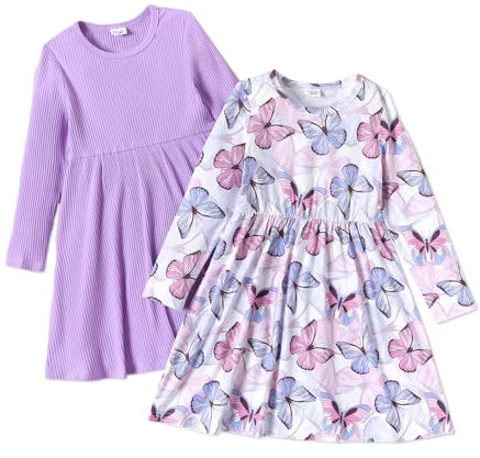 PATPAT Kleinkind Mädchen Kleid Set Langarm, Einschulung, Packung Mit 2 Festlich Mit Schmetterlingsmuster für Geburtstag, Party, Bankett, Hochzeit, Urlaub, Gr.83-122