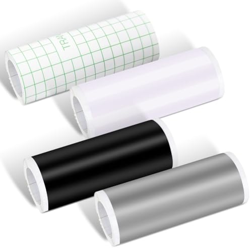 Smart Vinyl Permanente, 4 rotoli Smart Adhesive Vinyl Permanente per Cricut Joy, 14cm x 200cm Rotolo di Vinile Autoadesivo, Adatto per Decorare Tazze, Bottiglie d'Acqua (Nero+Bianco+Argento+Pellicola