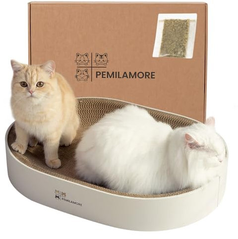 Pemilamore Extra Large Oval Cat Scratcher Lounge Bed - Heavy Duty Double-Sided Cardboard Scratching Pad, Modern White Cat Furniture & Sofa for Large Indoor Cats