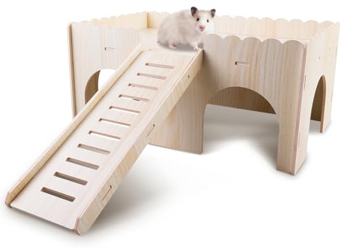 WIYETY Hámster Cobayas cama de madera: casa de cobayas con rampa, accesorios para hámster, accesorios para conejillos de indias, casa de hámster de madera para conejos enanos, chinchillas, hámsters,