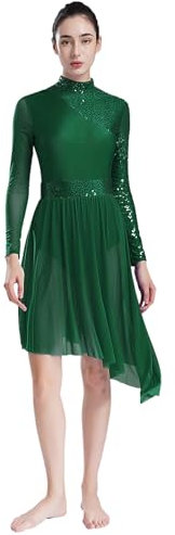 Jhaoyu Damen Eiskunstlauf Kleid Langarm Kürkleid Glitzer Chiffon Tanztrikot Ballett Tanzbody mit Röckchen Eislaufen Wettkämpfe Bühnenanzug Grün S