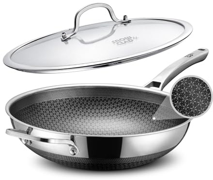 SNOWCLAD Wokpfanne Induktion 30cm Hybrid-Woks und Bratpfannen, Antihaft Wabenpfanne mit Deckel, Edelstahlpfanne, Für Alle Herdarten Geeignet, Ofen-und Spülmaschinenfest, Pfoa Frei