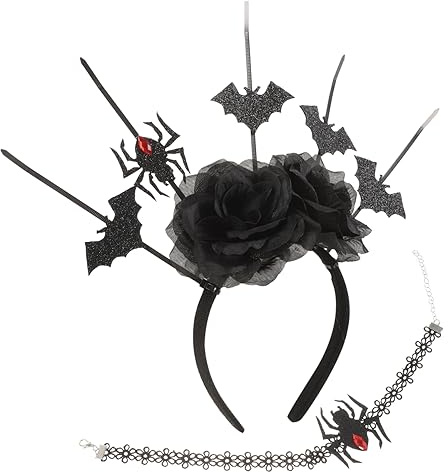 Healeved Set de Bijoux Gothique Halloween avec Tête Araignée et Chauve Collier Ras Cou Rose Classique pour Femmes Accessoires Cheveux Noirs pour Costumées et Cosplay