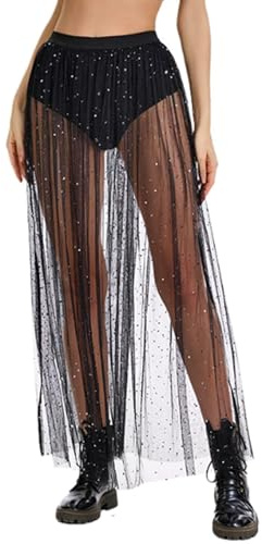 DAVBNM Women Sheer Tulle Skirt, Women's 2 in 1 Glitter Star Sheer, Women's Sexy 2 in 1 Sheerr Mesh Shorts High Waist Glitter Sequins Star Skirt, Mesh Black Glitterr Maxi Skirts with Built-in Shorts