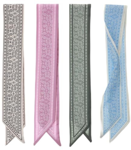 Mabor 4PCS Scarves for Bags, Hair Head Scarf Set in Print, Lightweight Silk Feel Boho Scarf for Women