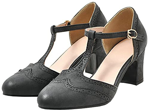 Etebella Damen Brogue Pumps mit Blockabsatz T Spangen High Heels Sandalen Vintage Mary Jane Schuhe (Schwarz,39)