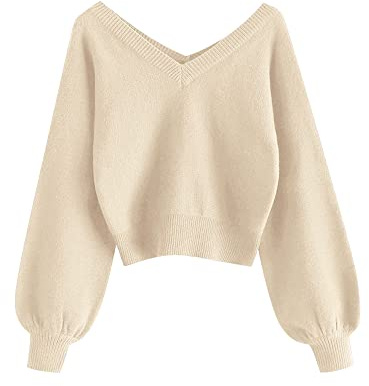 ZAFUL Women's Cropped Sweater V-Neck Long Sleeve Crop Sweater Pullover Jumper Knit Top (1-Apricot, M)