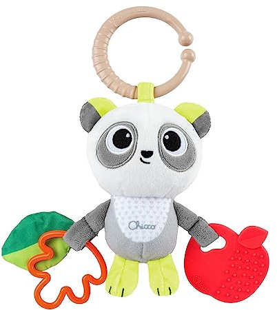 Sonajero Panda Chicco para primeras actividades, encantador en forma de panda, de tela y colgantes de plástico, con mordedor y gancho para enganchar en carritos y sillas de auto, 3-24 meses.