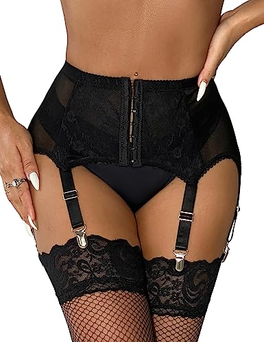 comeondear Sexy Strapsgürtel Damen Übergröße Spitze Große Größen Strumpfhalter mit 6 Strapsen Dessous Set Unterwäsche für Mollige Frauen Hüfthalter Garter Belt Plus Size(Schwarz,XL-XXL)