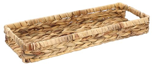 BSTKEY Woven Bathroom Toilet Tank Storage Basket with Handles, 43*16*6cm | Natural Water Hyacinth Toilet Paper Holder Napkin Organizer Rectangle Storage Tray for Bathroom Supplies