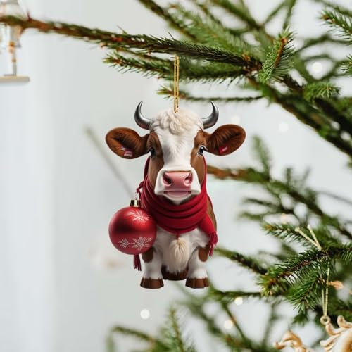 Weihnachtsdeko Anhänger - 2D Doppeldruck Kuh Christbaumanhänger Lustige Weihnachtskuh und Weihnachtskugeln Hängende Dekor Christbaumschmuck Acryl Cartoon Kühe Weihnachtsbaumschmuck (D, 8cm)