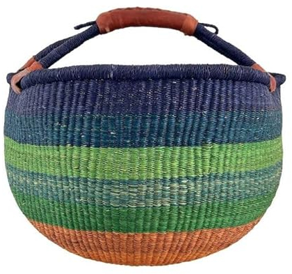 Bolga Korb Afrika - XXL - Das Original aus Ghana - Bunt - Fair Trade - Rund - Viele Farben - Afrikanischer Graskorb mit Ledergriff - Flechtkorb 30-40 cm - Rundkorb mit Wunschdesign (Accra)