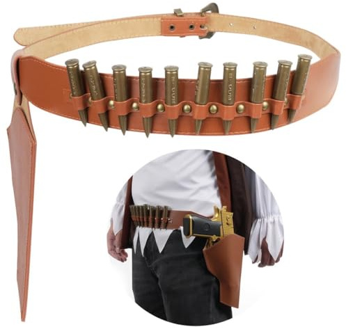 OLACD Verstellbares Maskerade-Western-Kostüm-Zubehör, Vintage-PU-Leder-Cowboy-Gürtel und rechtes Holster mit Spielzeug-Kugeln, Halloween-Party, Rollenspiel, Cowboy-Gürtel und Holster-Set