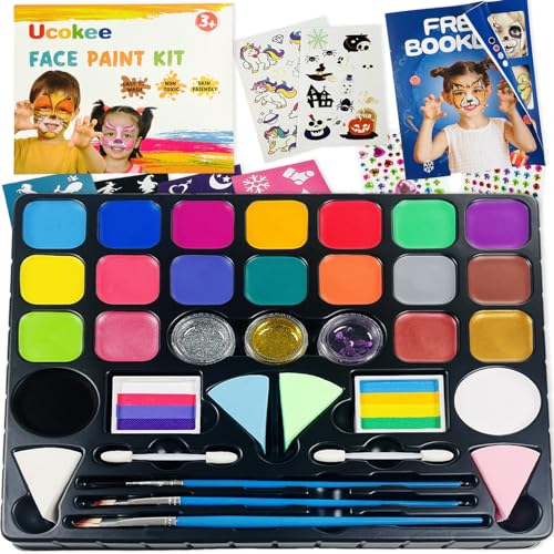 Ucokee Kinderschminke Set, 20 Farben Schminke Kinder mit 2 Regenbogenfarbe, 22 Leuchtende Tattoo Sticker und Broschüre - Professionelle Schminkset Kinder für Halloween, Karneval, Geburtstag, Party