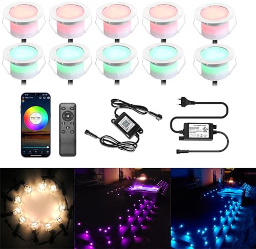 Lote de 10 focos empotrables al aire libre RGB+blanco cálido, diámetro de 45 mm, DC12 V, IP67, foco LED exterior, empotrable, funciona con Alexa, Google Home Spots Escalera Led Spot empotrable suelo