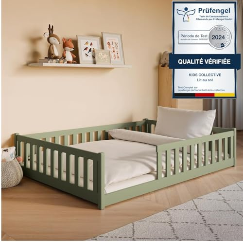 Kinderbett Bodenbett 140x200 cm mit Matratze Rausfallschutz & Lattenrost Montessori Bett Bed Gitterbett Kinder Jugendbett Einzelbett | Olivgrün weitere Größen 80x160 | 90x200 | 120x200 cm