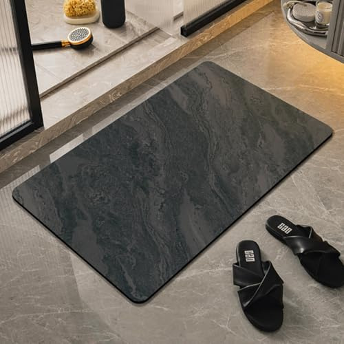 Runup Tapis de bain en pierre à séchage rapide Motif marbre Diatomate souple Antidérapant Anti-moisissure Absorbant Pour salle de bain, salon (noir, 45 x 70 cm)
