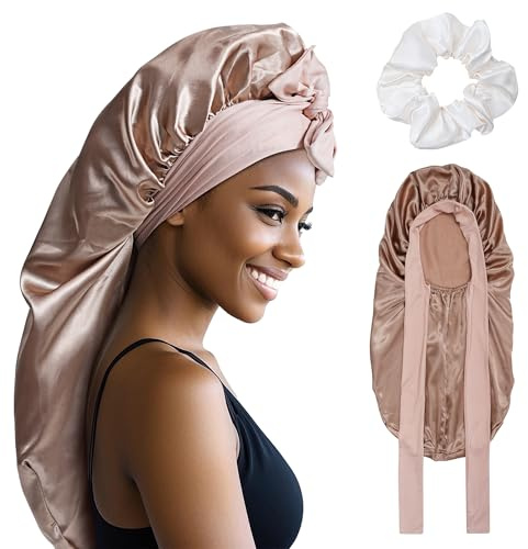SECRET AROMA Bonnet long en satin et soie pour femme, avec lien à nouer, pour cheveux tressés et bouclés