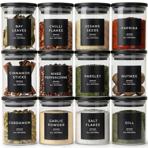 Livabl Glass Spice Jars with Lids and Labels – Bamboo Lid Spice Containers - Airtight Jars with 360 Black UK Designed Waterproof Pre-Printed Labels - Seasoning & Spices Storage (200ml - 12 Packs)