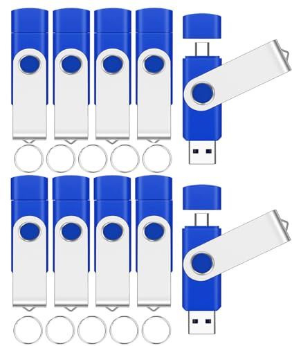 EASTBULL 10 Packs of 32GB FAT32 USB2.0 & Type-C Flash Drives Bulk (Blue)
