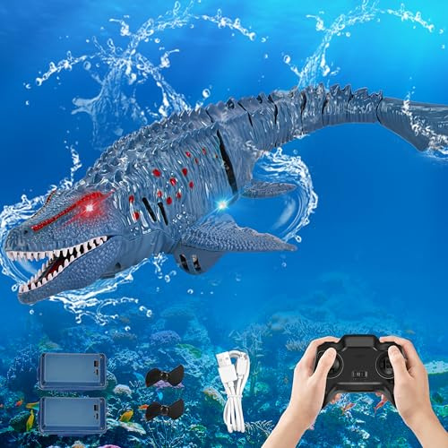 IEEILULU Barcos Teledirigido RC Mosasauru, 2.4GHz Barco Tiburón Dinosaurio Eléctrico con Luces y USB, Juguete Acuático Teledirigido, Regalo para Niños Mayores de 8+ Años Piscina y Lagos (Azul)
