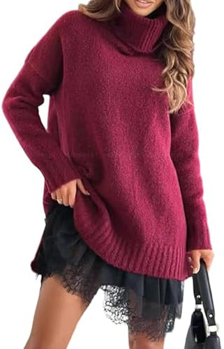 Generico Completo 2 Pezzi Donna con Maglione Dolcevita e Abito Corto in Pizzo Outfit Invernale Morbido e Elegante Top e Gonna Coordinati (Red,3XL)