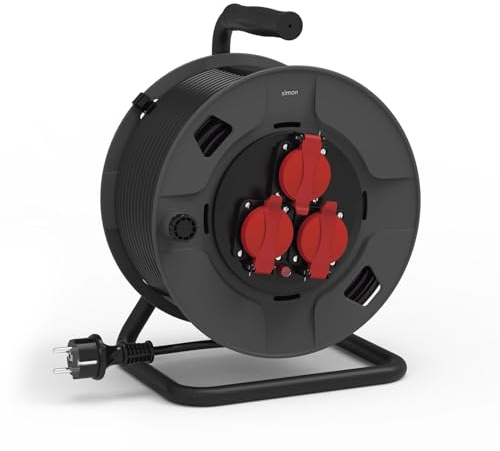 SIMON – Extensible Profesional H07RN-F, Alargador Enchufe 3 Tomas IP55, Cable 3G2.5mm² (15m), Enrollacables Resistente para Exteriores, Alargadera Eléctrica, Color Negro y Rojo