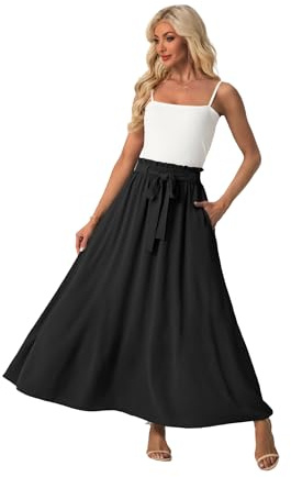 QIXING Women’s High Waist Flowy Long Maxi Skirt Boho Elastic Tie Waist with Pockets Summer Casual A-Line