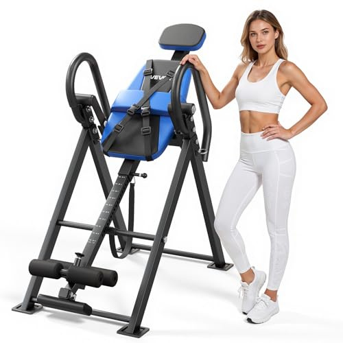 VEVOR Mesa de Inversión Capacidad de 136 kg, Tabla de Inversión de Alta Resistencia, con Bloqueo de Rodillo Doble, Correa de Sujeción Ajustable Multiángulo, para Hombros, Espalda, Negro y Azul