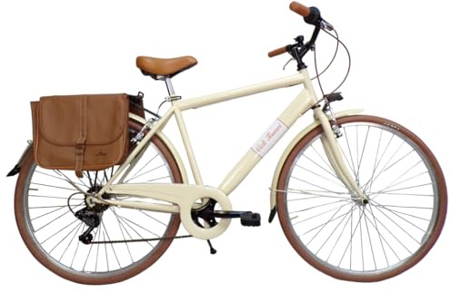 Cicli Tessari - bicicletta uomo bici da passeggio city bike 28'' vintage con borse laterali cambio 6 velocita'. (beige, 50(mt.1,65/1,75))