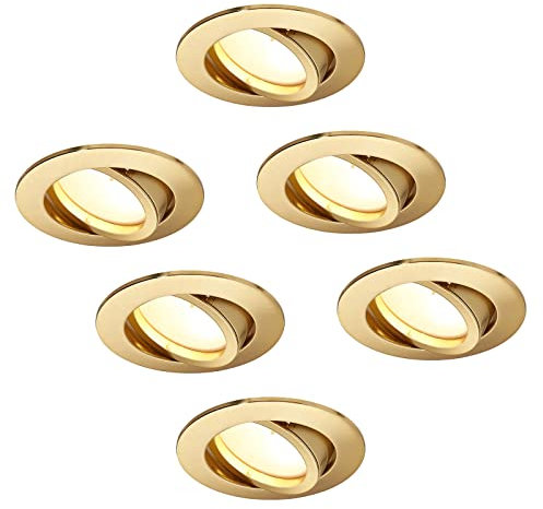 HCFEI LED Recessed Spotlight, Dimmable, Matte Gold, Round, Swivel, 5 W, Flat, 230 V, Recessed Spotlight, 68 mm Borehole, 120° Beam Angle, Warm White, 3000 K (Pack of 6)